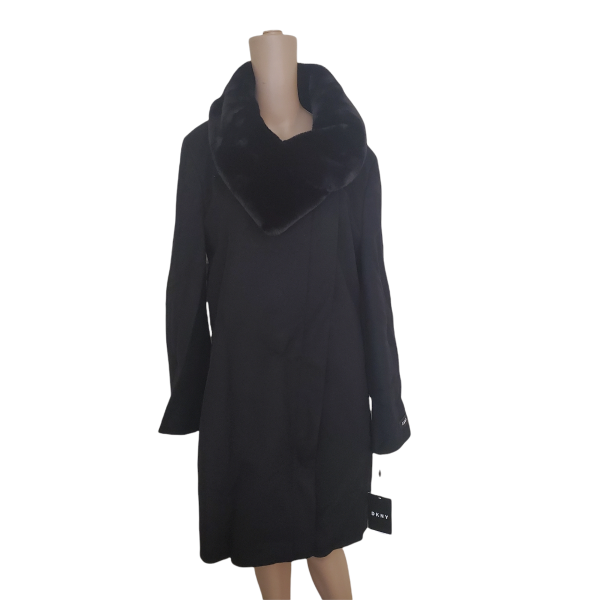 DKNY Womens Asymmetrical Faux-Fur-Collar Zipper Wool Coat Black XXL  Affordable Designer Brands
