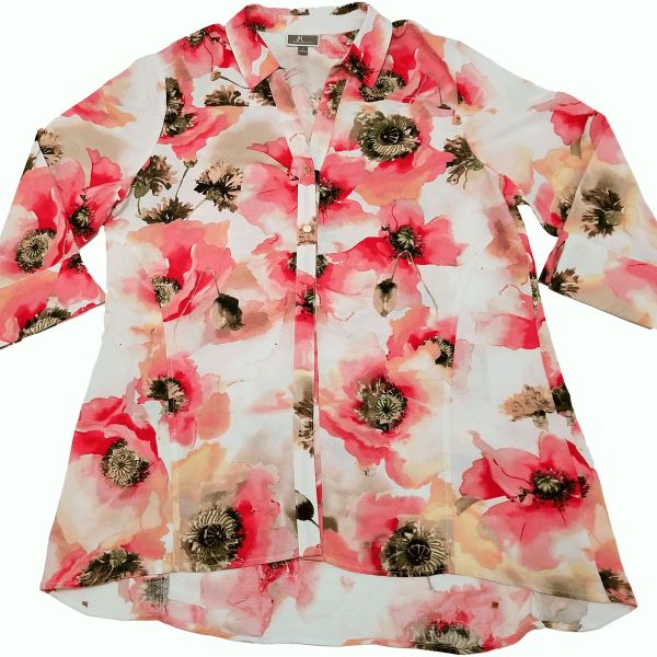 Jm Collection Women Long Sleeve Roll-Tab Oversized Button Doen Shirt  Artisan Garden Perfect Rose Large